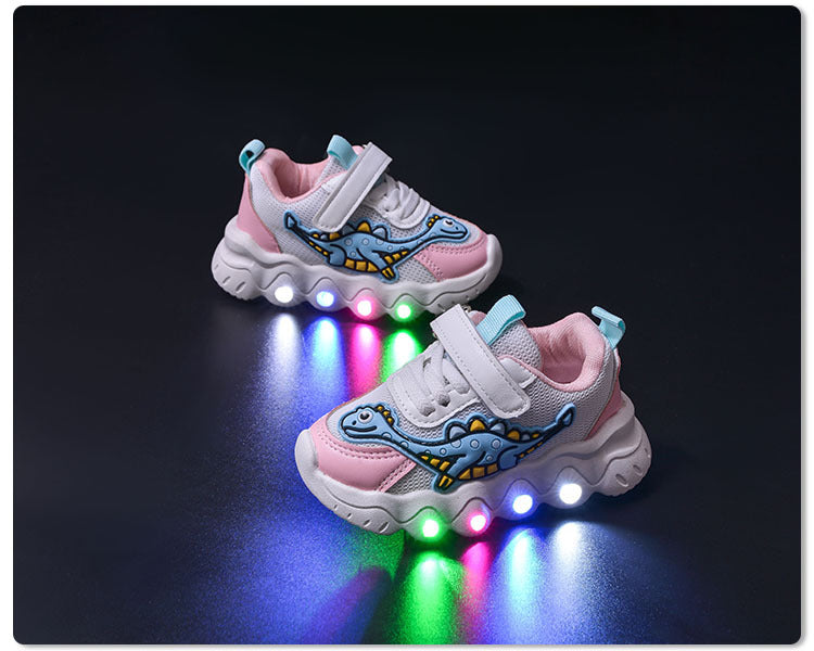 Spring New Style Dinosaur Led Light Sneakers for Boys and Girls Spring & Fall New Mesh Breathable Casual Light Shoes for Children