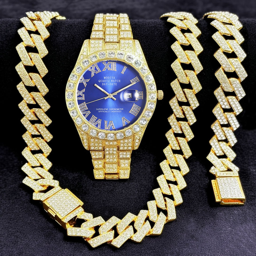 Diamond-Encrusted Watches,🔥🔥🔥🔥 Diamond-Shaped Cuban Bracelets and Necklaces, Three-Piece Set