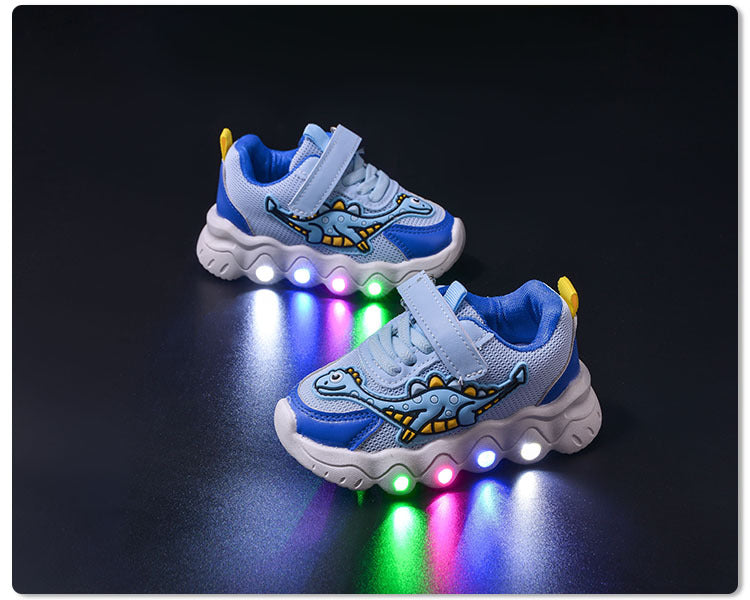 Spring New Style Dinosaur Led Light Sneakers for Boys and Girls Spring & Fall New Mesh Breathable Casual Light Shoes for Children