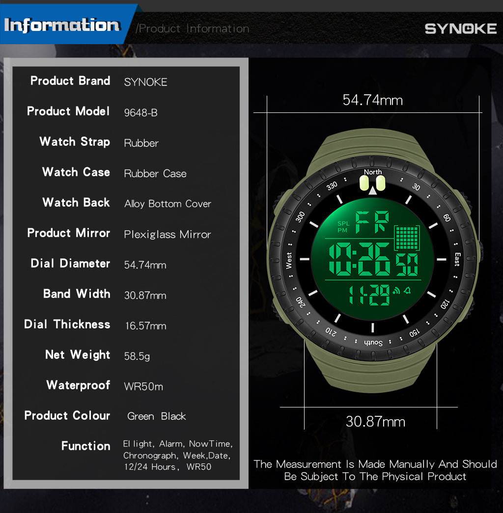 Synoke Sports Electronic Watch Outdoor Mountaineering Multi-Functional Luminous Waterproof Large Dial Fashionable Commuter Watch
