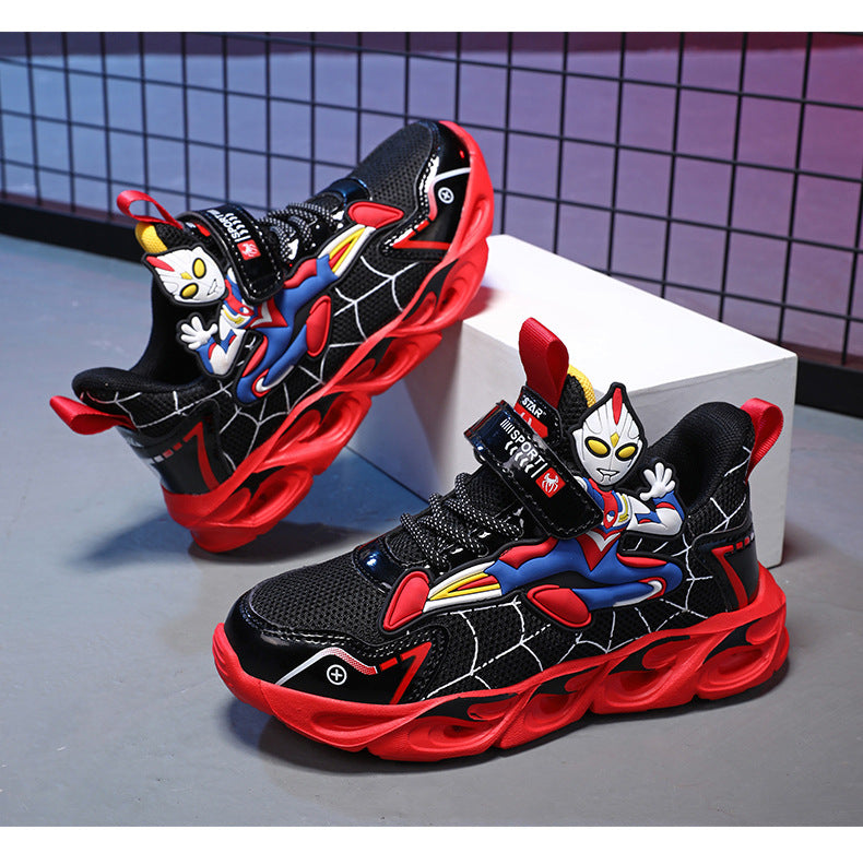 Boys' Shoes Anti-Slip Mid-Leat Running Shoes Leather with Lights Spider-Man Children's Sports Shoes Autumn Lightweight