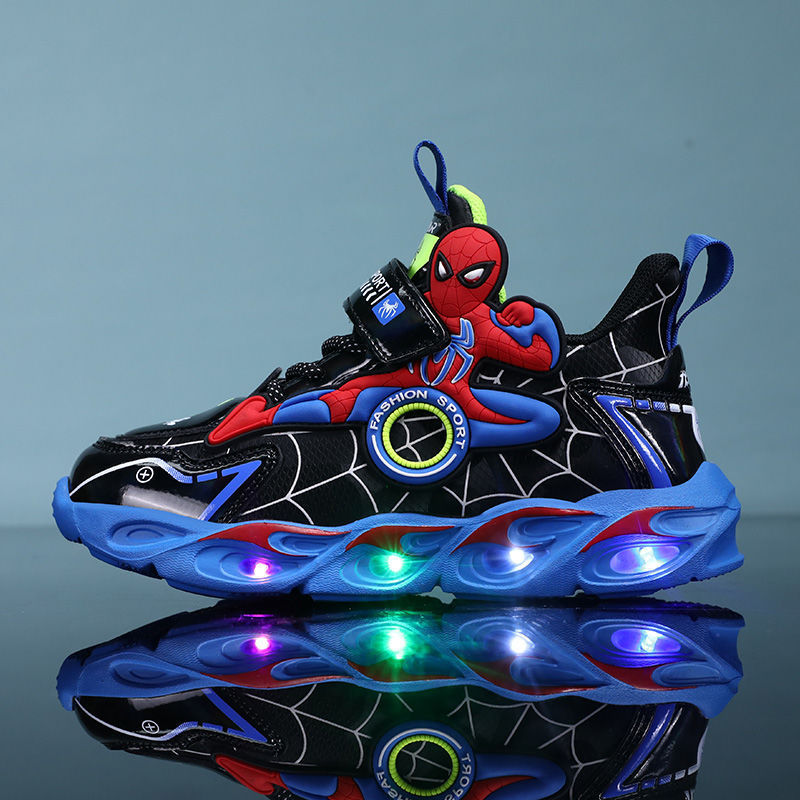 Boys' Shoes Anti-Slip Mid-Leat Running Shoes Leather with Lights Spider-Man Children's Sports Shoes Autumn Lightweight