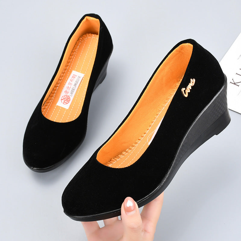 Black Polyurethane Shoes with Thick Soles and Wedge Heels, Women's Shoes