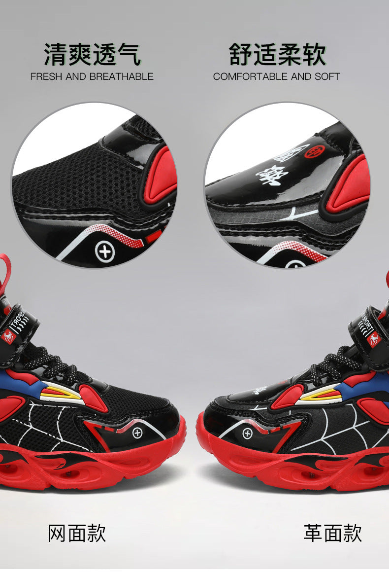 Boys' Shoes Anti-Slip Mid-Leat Running Shoes Leather with Lights Spider-Man Children's Sports Shoes Autumn Lightweight