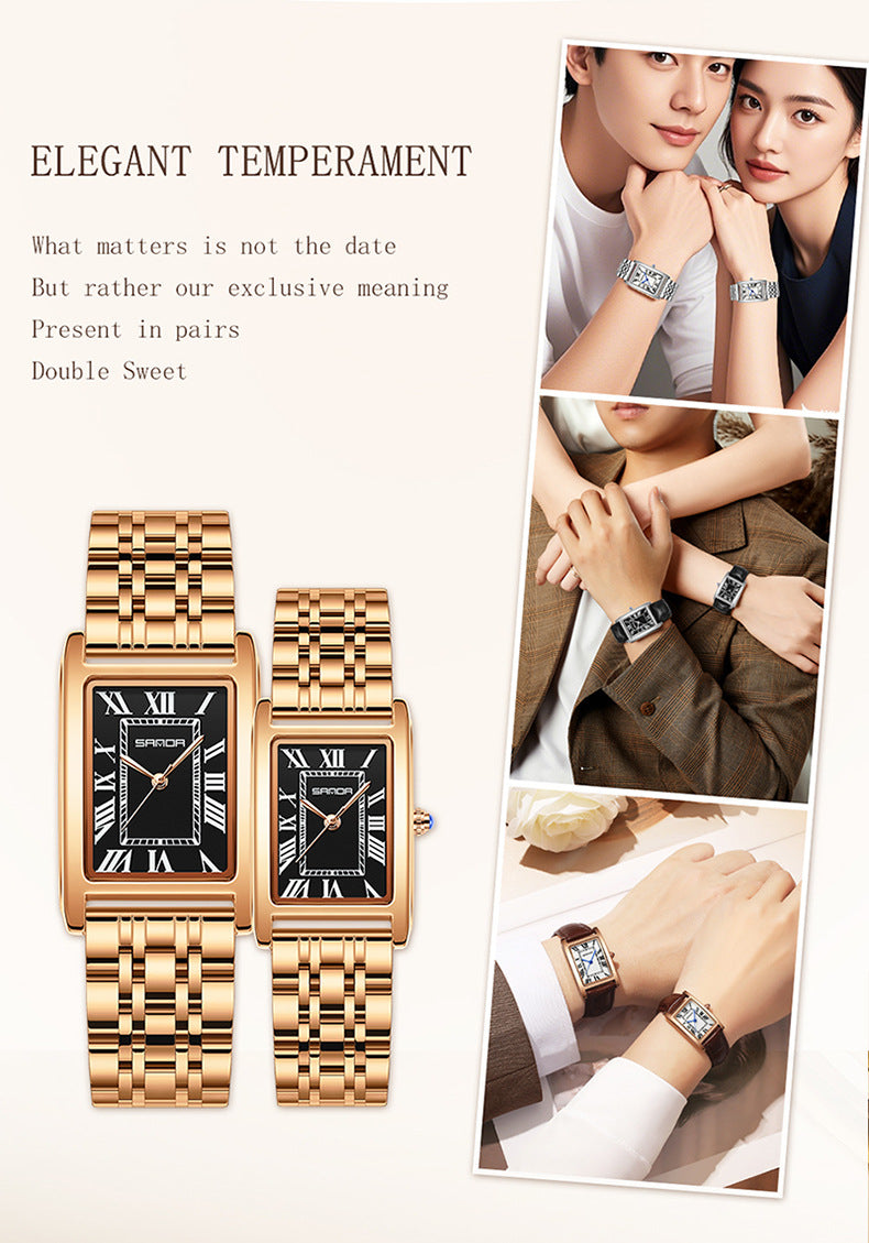Sanda Live Hot Couple Watch Vintage Square Quartz Watch Waterproof Roman Scale Men's and Women's Watches
