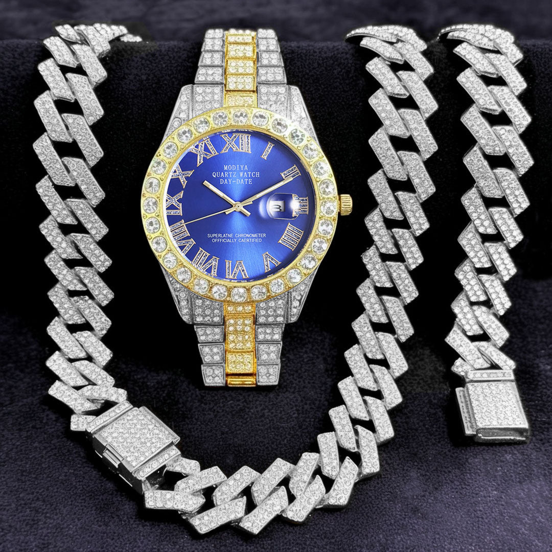 Diamond-Encrusted Watches,🔥🔥🔥🔥 Diamond-Shaped Cuban Bracelets and Necklaces, Three-Piece Set