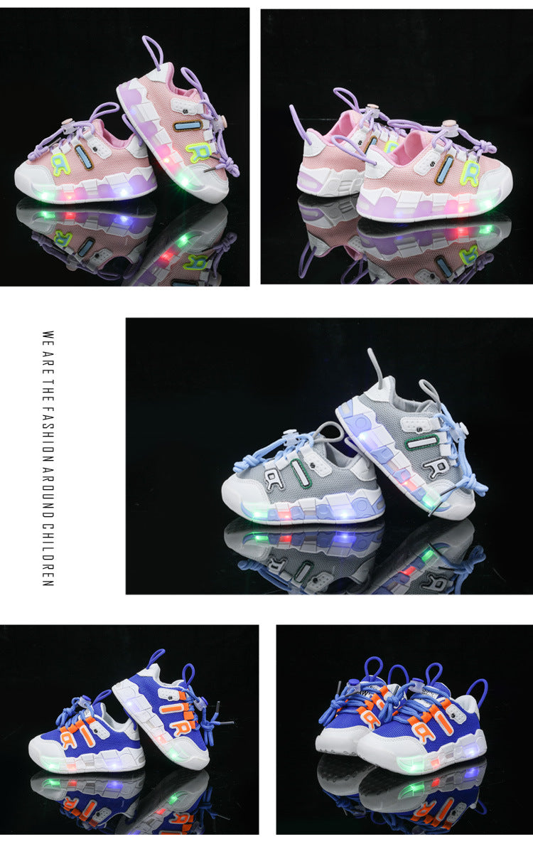 mesh sports shoes with lights children's shoes breathable casual boys and girls letters baby children's shoes in stock