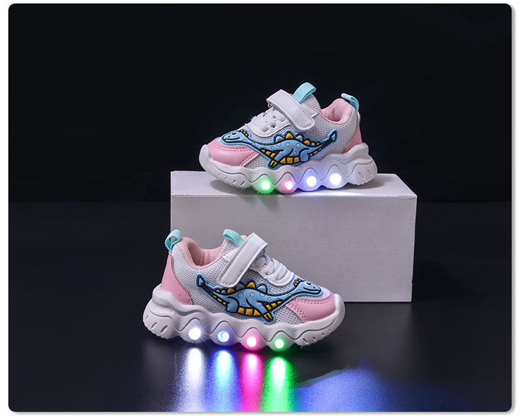 Spring New Style Dinosaur Led Light Sneakers for Boys and Girls Spring & Fall New Mesh Breathable Casual Light Shoes for Children