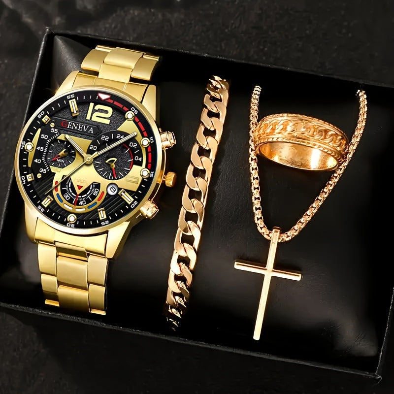 🔥🔥🔥🔥🔥Men's 4-piece Luxury Stainless Steel Quartz Watch with Calendar Gold Cross Necklace Bracelet and Ring