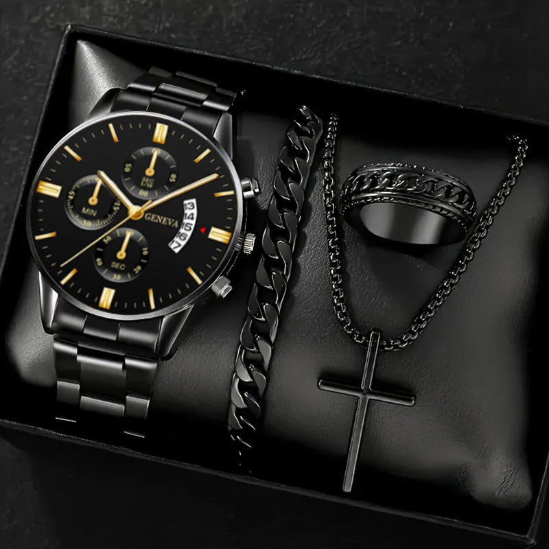 🔥🔥🔥🔥🔥Men's 4-piece Luxury Stainless Steel Quartz Watch with Calendar Gold Cross Necklace Bracelet and Ring