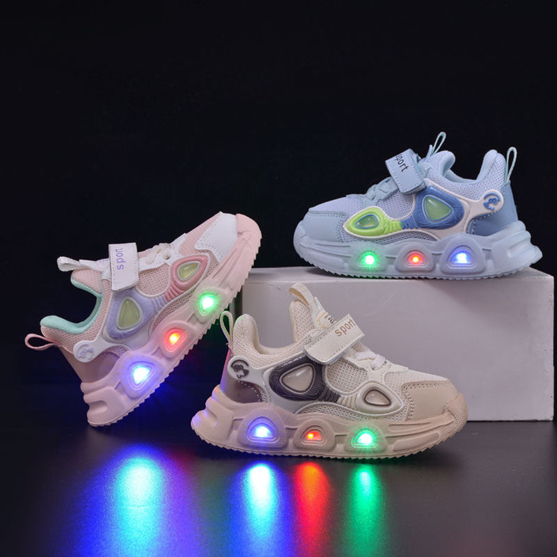 Spring and Autumn New Children's Luminous Mesh Shoes Men's and Women's Baby Shoes Lights Soft Sole Children's Velcro Casual sneaker Trendy