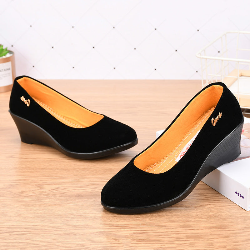 Black Polyurethane Shoes with Thick Soles and Wedge Heels, Women's Shoes