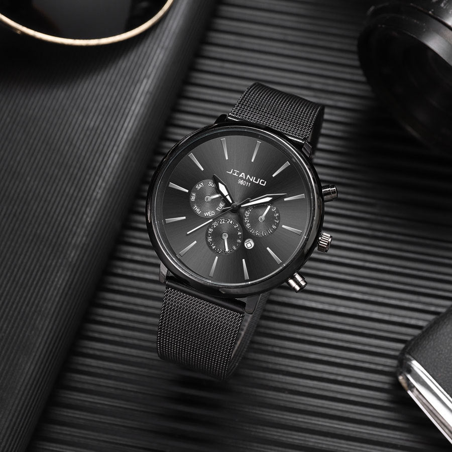 Men's Mesh Band Watch Fashion Calendar Quartz Watch Business Casual Business Men's Cool Blue Watch