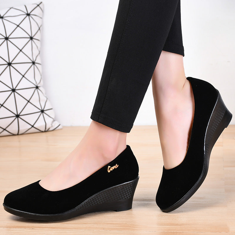 Black Polyurethane Shoes with Thick Soles and Wedge Heels, Women's Shoes