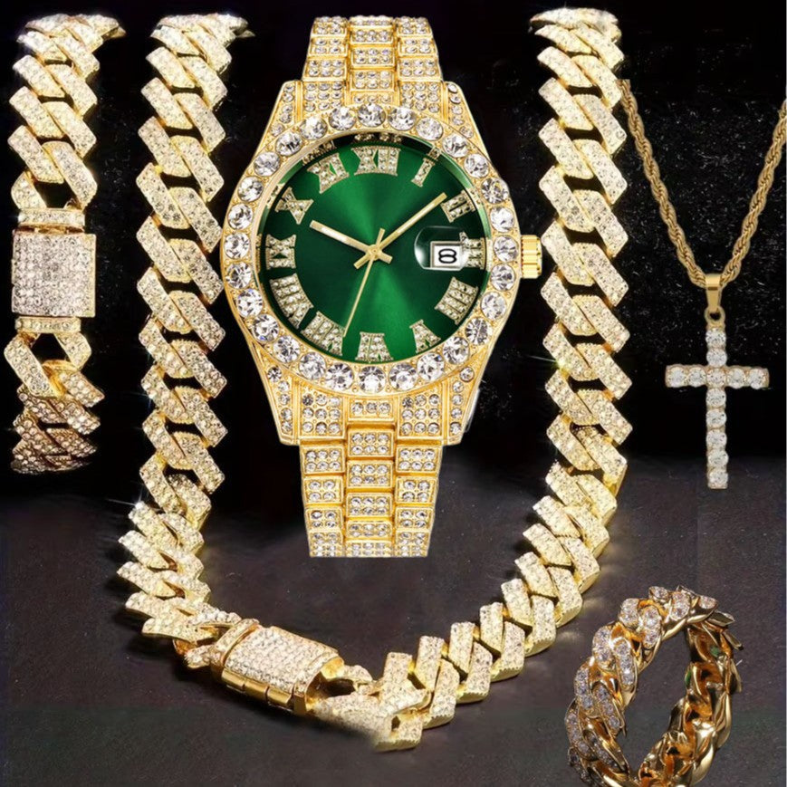 Diamond Watch🔥🔥🔥🔥 Five-Piece Diamond Cuban Chain Cross Necklace Cuban Ring
