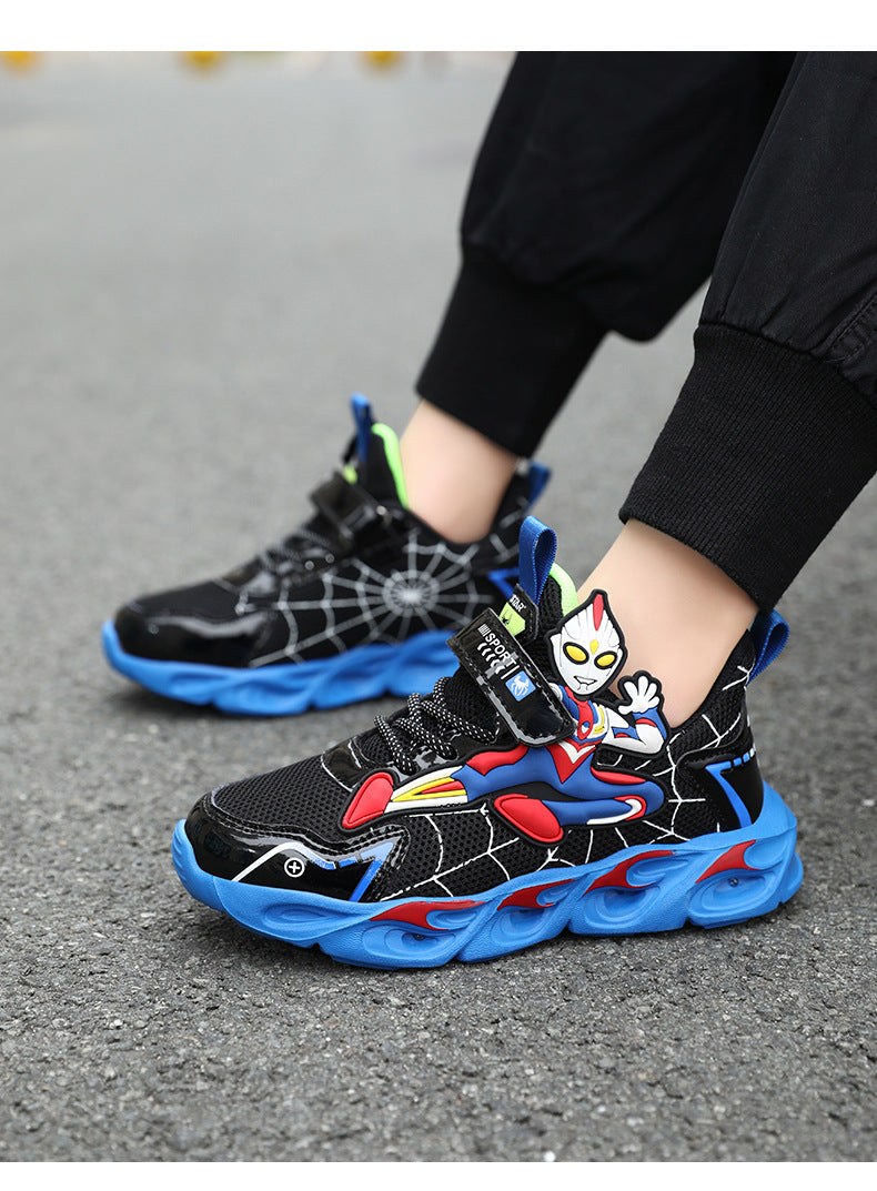 Boys' Shoes Anti-Slip Mid-Leat Running Shoes Leather with Lights Spider-Man Children's Sports Shoes Autumn Lightweight