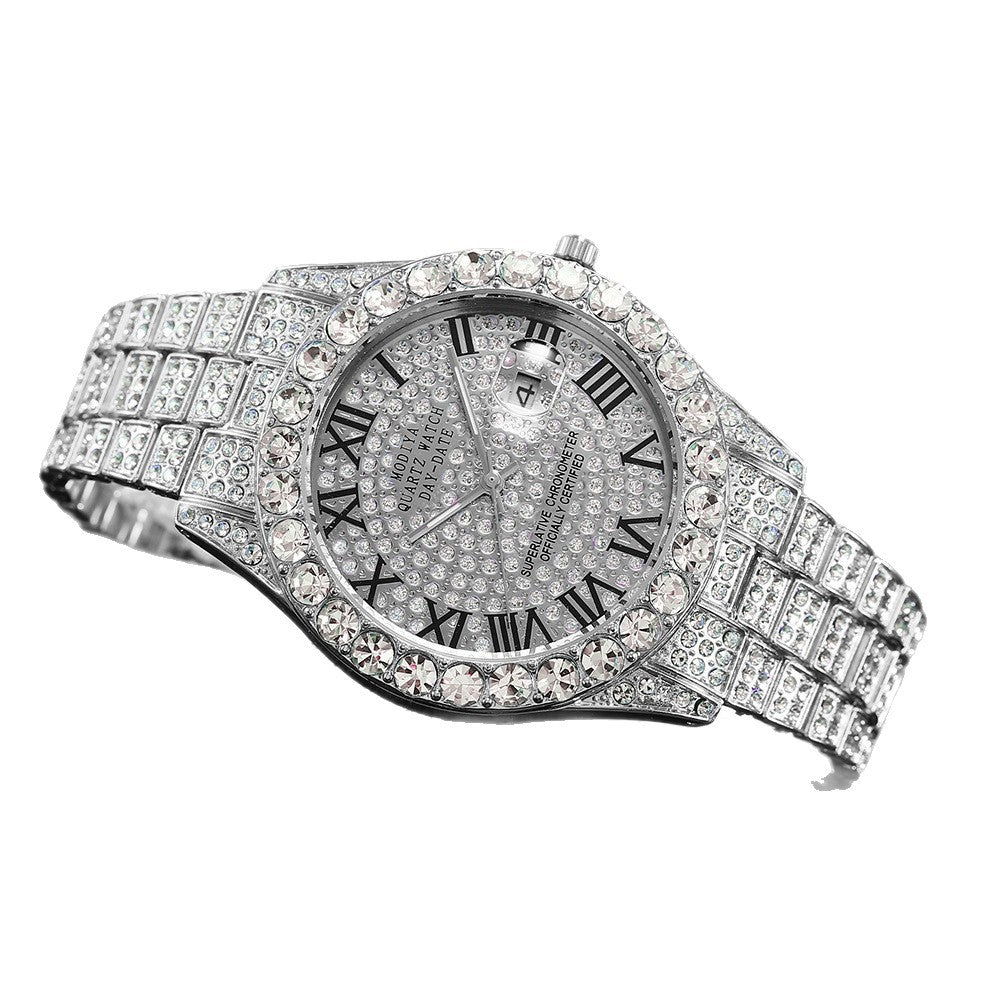 Diamond-Encrusted Watches,🔥🔥🔥🔥 Diamond-Shaped Cuban Bracelets and Necklaces, Three-Piece Set