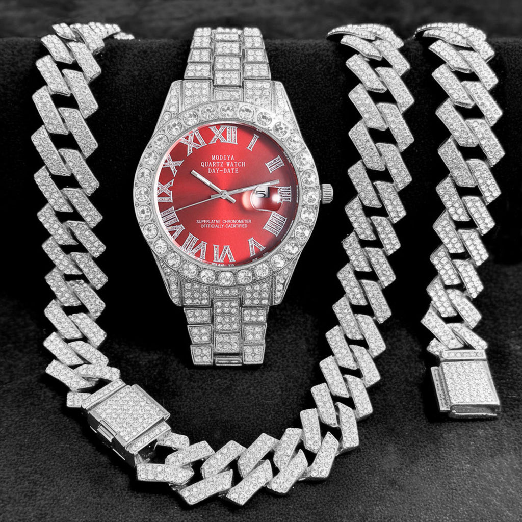 Diamond-Encrusted Watches,🔥🔥🔥🔥 Diamond-Shaped Cuban Bracelets and Necklaces, Three-Piece Set