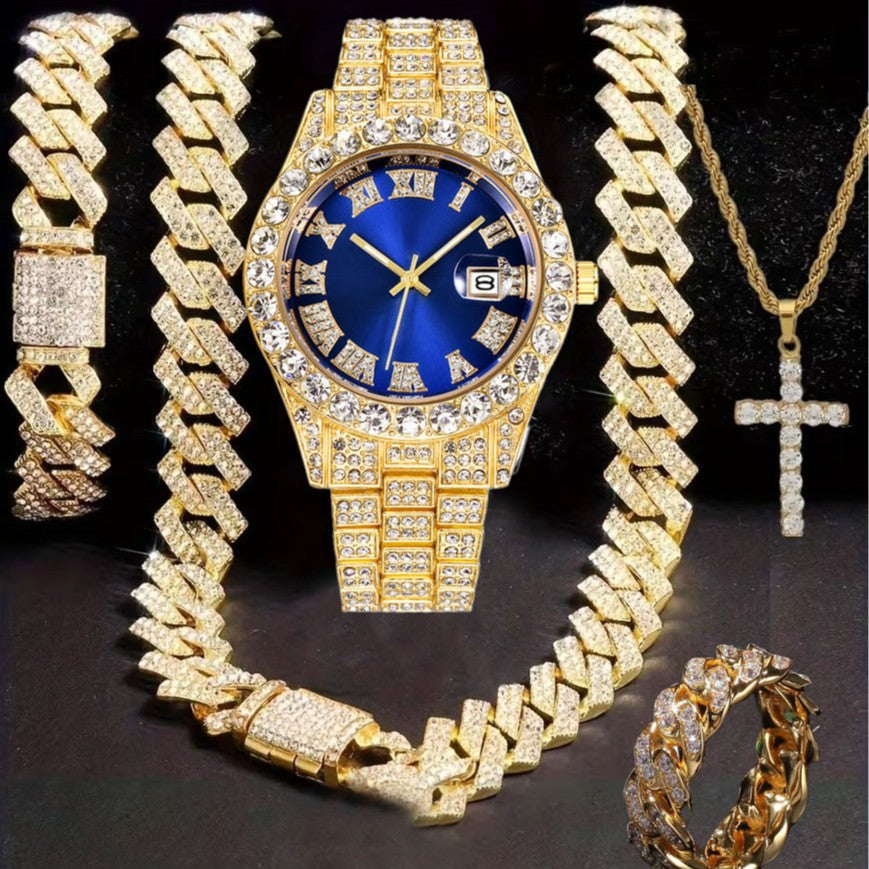 Diamond Watch🔥🔥🔥🔥 Five-Piece Diamond Cuban Chain Cross Necklace Cuban Ring