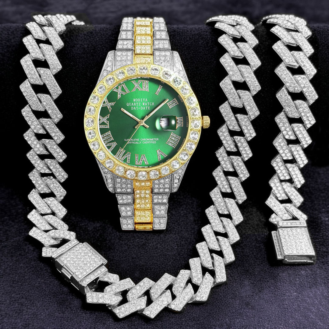 Diamond-Encrusted Watches,🔥🔥🔥🔥 Diamond-Shaped Cuban Bracelets and Necklaces, Three-Piece Set