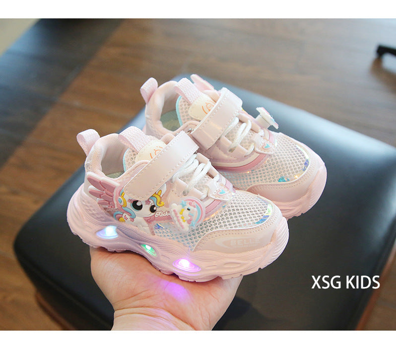 girls shoes with lights cartoon mesh fashion hook and loop sneaker for children