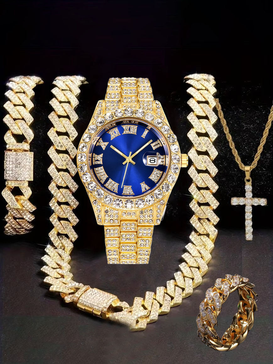 Diamond Watch🔥🔥🔥🔥 Five-Piece Diamond Cuban Chain Cross Necklace Cuban Ring