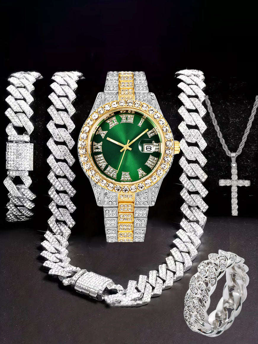 Diamond Watch🔥🔥🔥🔥 Five-Piece Diamond Cuban Chain Cross Necklace Cuban Ring