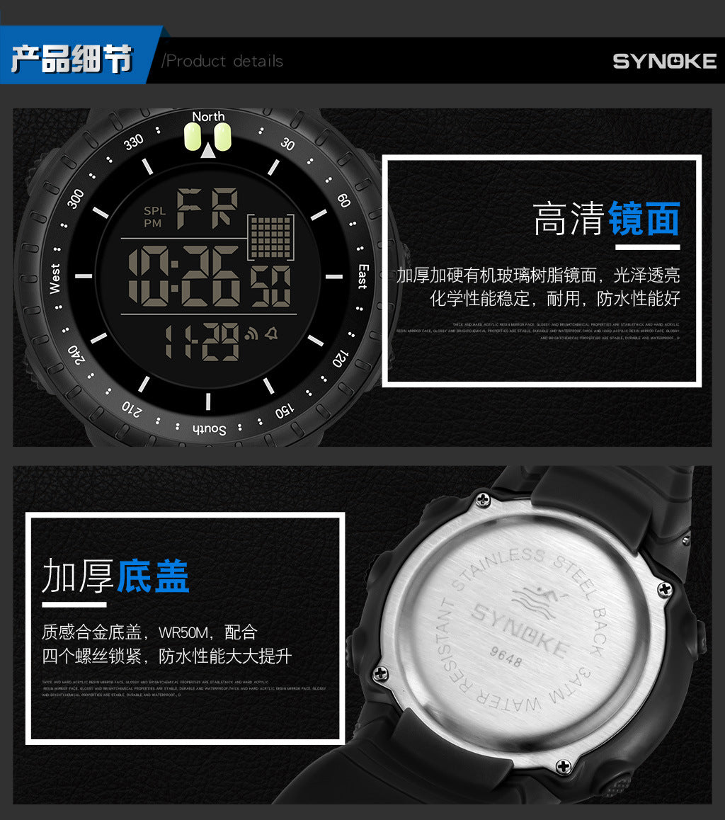 Synoke Sports Electronic Watch Outdoor Mountaineering Multi-Functional Luminous Waterproof Large Dial Fashionable Commuter Watch
