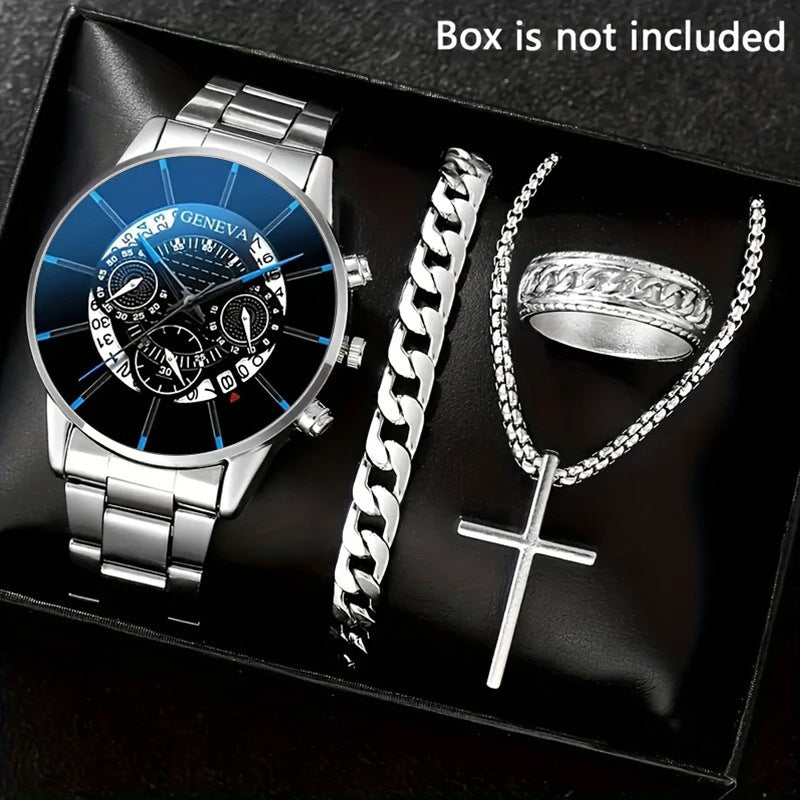 🔥🔥🔥🔥🔥Men's 4-piece Luxury Stainless Steel Quartz Watch with Calendar Gold Cross Necklace Bracelet and Ring