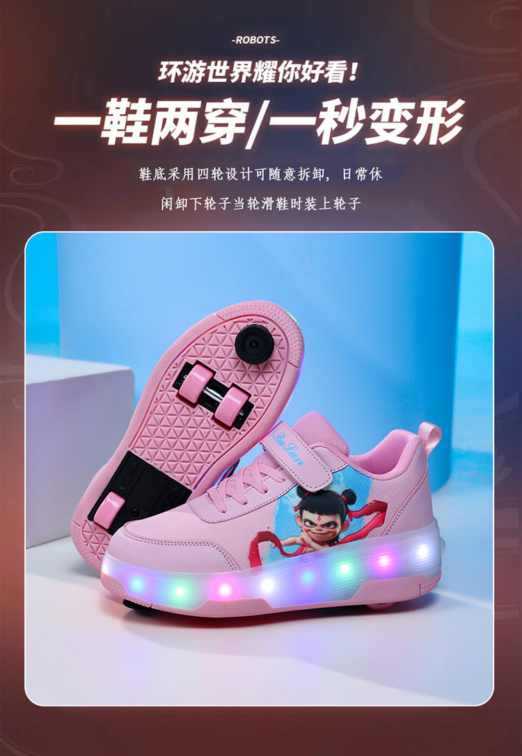 Factory Direct Sale Children's Light-Up Roller Shoes with Double Wheels, Invisible Student Roller Skates with Wheels for Walking, Suitable for Girls