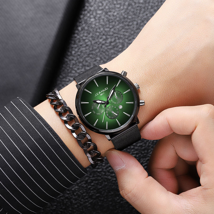 Men's Mesh Band Watch Fashion Calendar Quartz Watch Business Casual Business Men's Cool Blue Watch