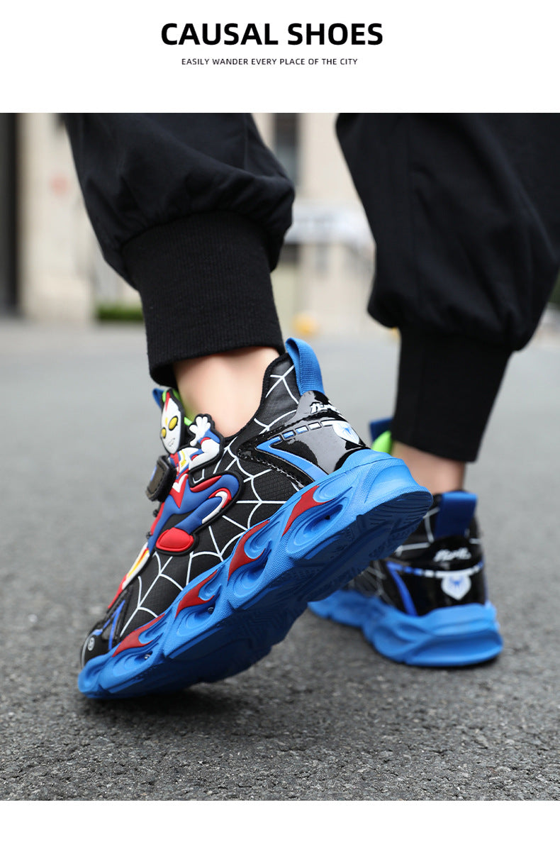 Boys' Shoes Anti-Slip Mid-Leat Running Shoes Leather with Lights Spider-Man Children's Sports Shoes Autumn Lightweight