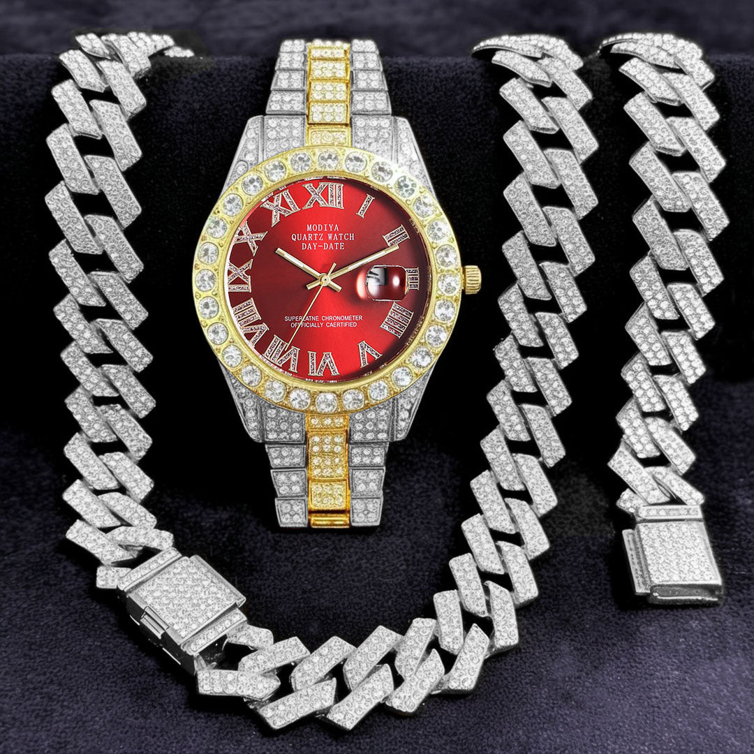 Diamond-Encrusted Watches,🔥🔥🔥🔥 Diamond-Shaped Cuban Bracelets and Necklaces, Three-Piece Set