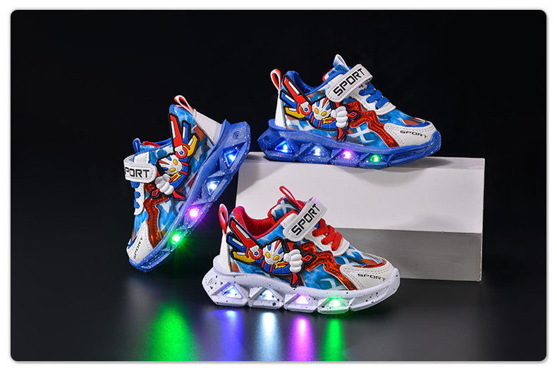 Spring and autumn 2025 new leather bright lights children's sneaker wholesale cartoon with lights boys soft bottom running shoes in stock