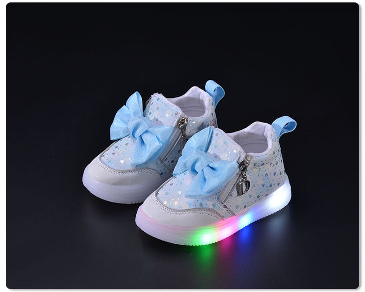 Spring and Autumn New Girls Princess LED Lighting Small and Medium Girls Casual Bow Sports Soft Sole Shoes Factory Outlet