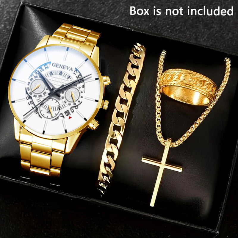🔥🔥🔥🔥🔥Men's 4-piece Luxury Stainless Steel Quartz Watch with Calendar Gold Cross Necklace Bracelet and Ring