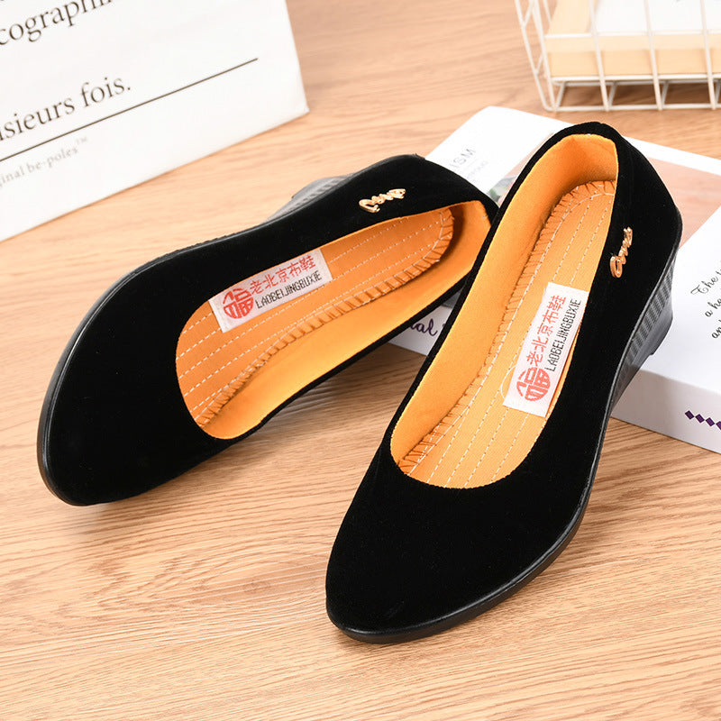 Black Polyurethane Shoes with Thick Soles and Wedge Heels, Women's Shoes