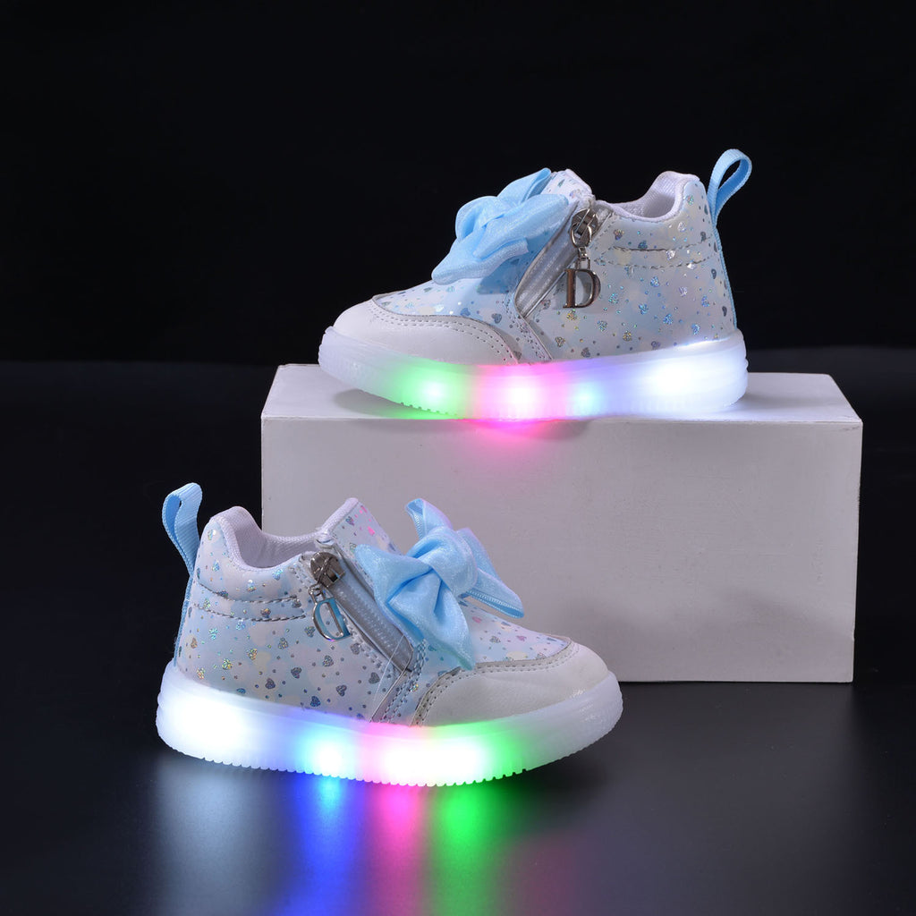 Spring and Autumn New Girls Princess LED Lighting Small and Medium Girls Casual Bow Sports Soft Sole Shoes Factory Outlet