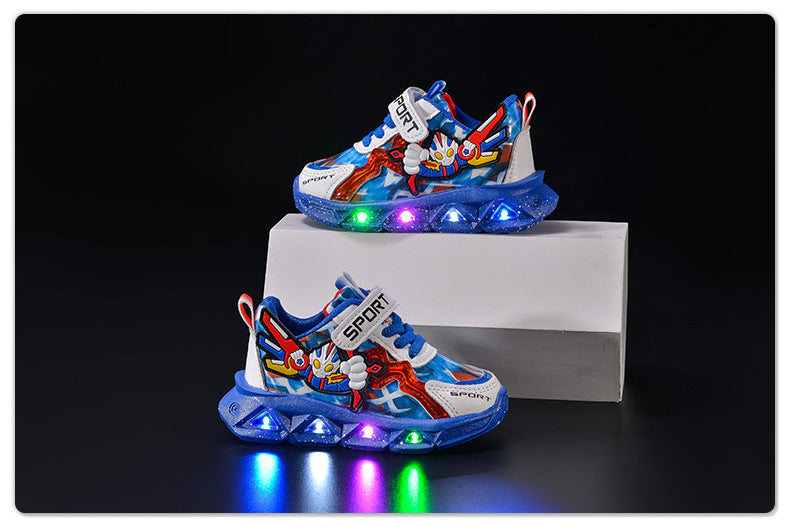 Spring and autumn 2025 new leather bright lights children's sneaker wholesale cartoon with lights boys soft bottom running shoes in stock