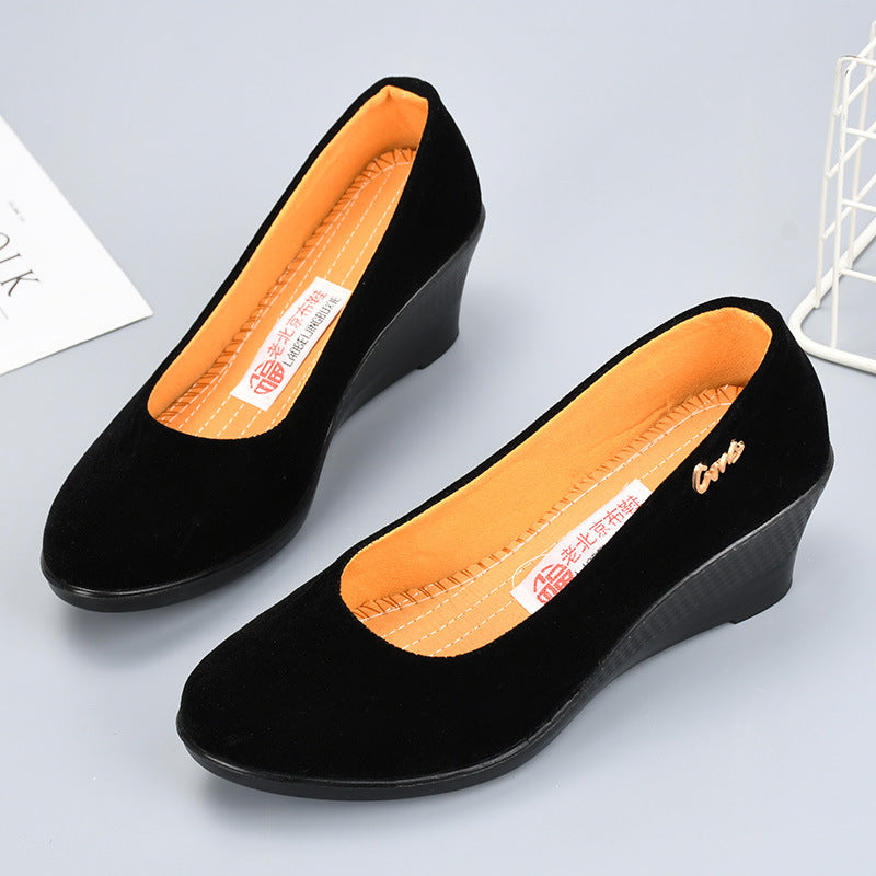 Black Polyurethane Shoes with Thick Soles and Wedge Heels, Women's Shoes