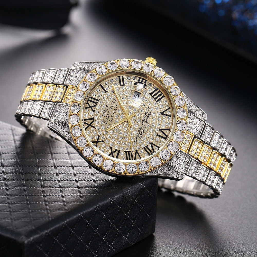 Diamond-Encrusted Watches,🔥🔥🔥🔥 Diamond-Shaped Cuban Bracelets and Necklaces, Three-Piece Set