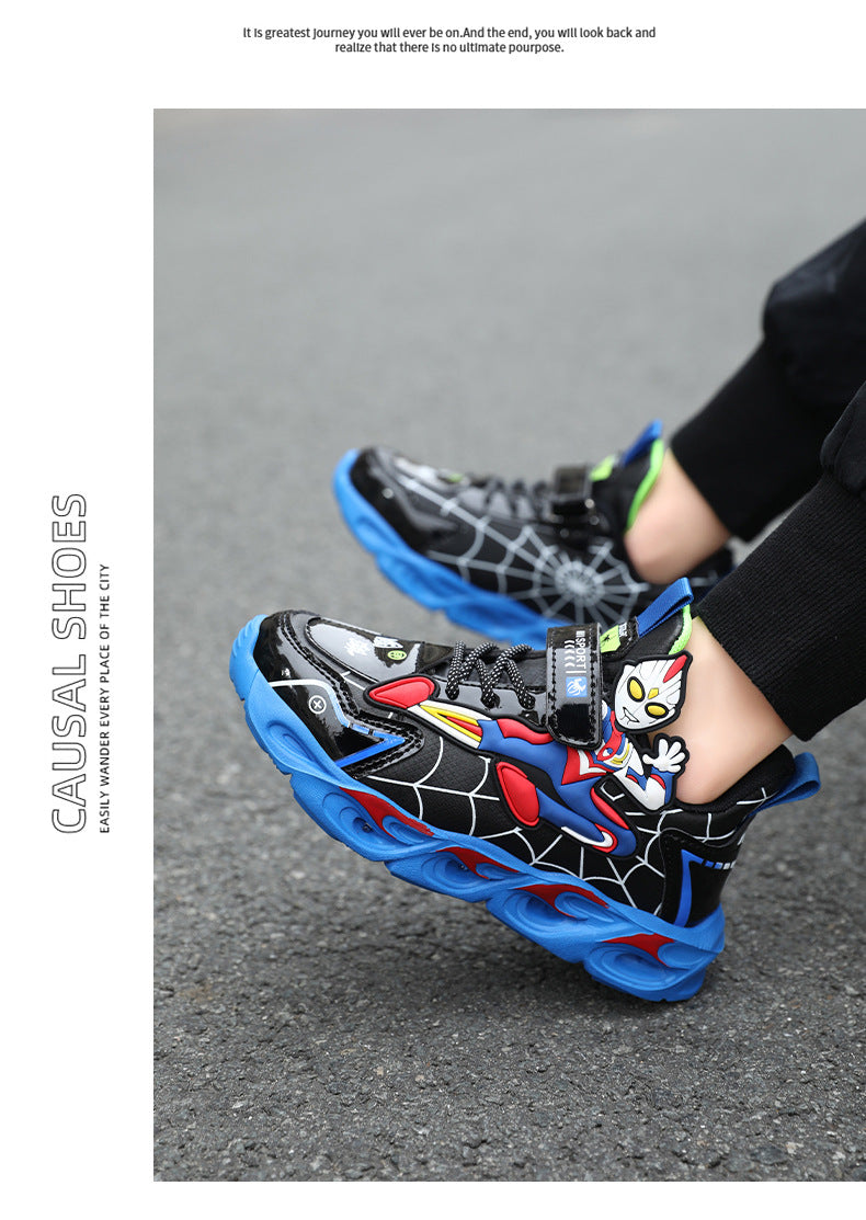 Boys' Shoes Anti-Slip Mid-Leat Running Shoes Leather with Lights Spider-Man Children's Sports Shoes Autumn Lightweight