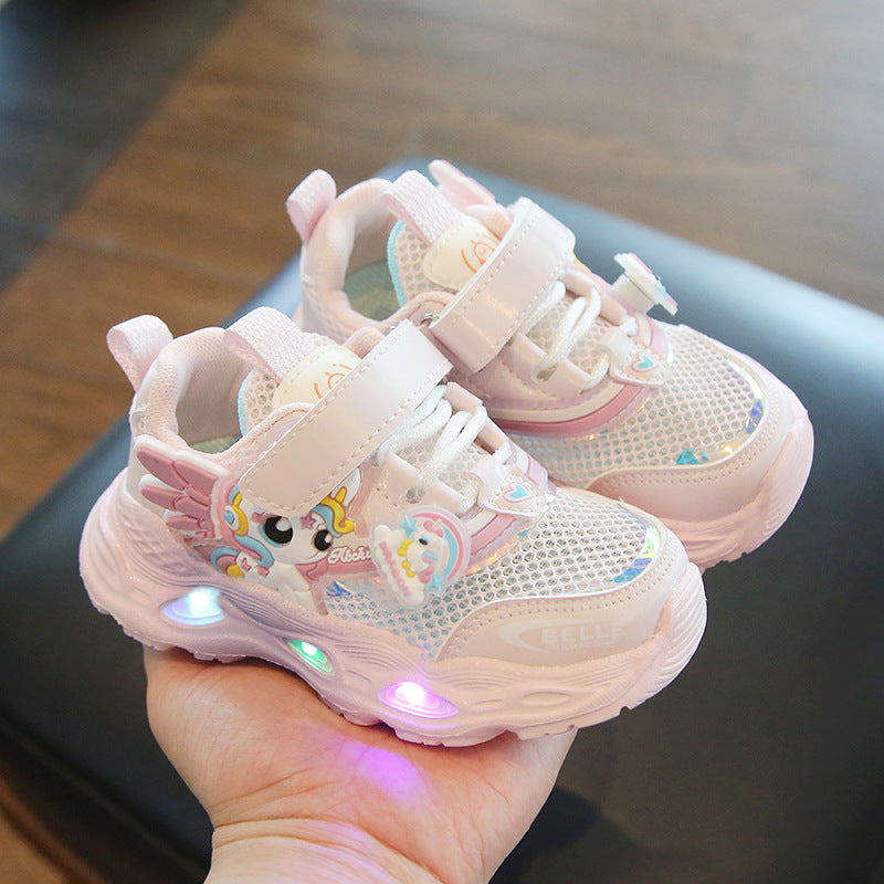 girls shoes with lights cartoon mesh fashion hook and loop sneaker for children