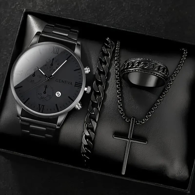 🔥🔥🔥🔥🔥Men's 4-piece Luxury Stainless Steel Quartz Watch with Calendar Gold Cross Necklace Bracelet and Ring