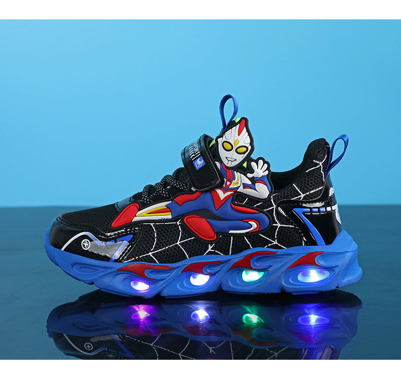 Boys' Shoes Anti-Slip Mid-Leat Running Shoes Leather with Lights Spider-Man Children's Sports Shoes Autumn Lightweight