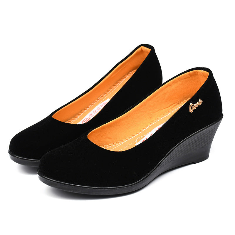 Black Polyurethane Shoes with Thick Soles and Wedge Heels, Women's Shoes