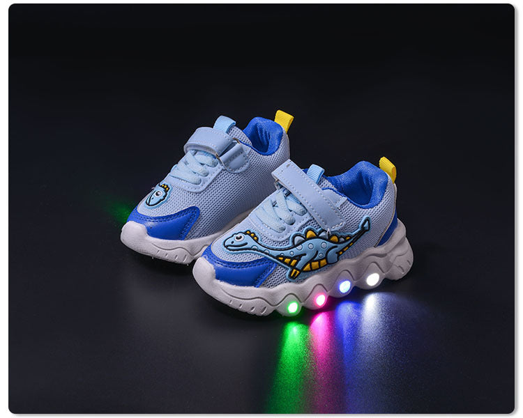 Spring New Style Dinosaur Led Light Sneakers for Boys and Girls Spring & Fall New Mesh Breathable Casual Light Shoes for Children