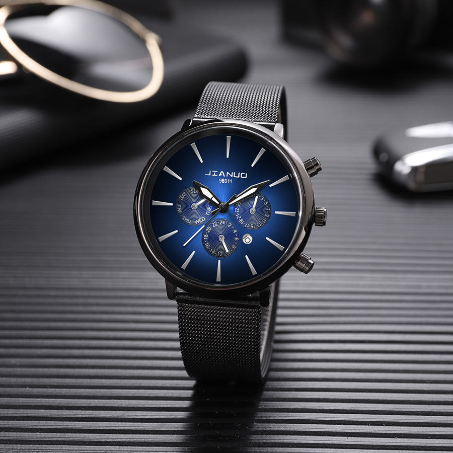 Men's Mesh Band Watch Fashion Calendar Quartz Watch Business Casual Business Men's Cool Blue Watch
