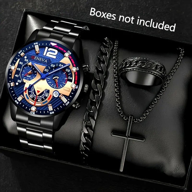 🔥🔥🔥🔥🔥Men's 4-piece Luxury Stainless Steel Quartz Watch with Calendar Gold Cross Necklace Bracelet and Ring