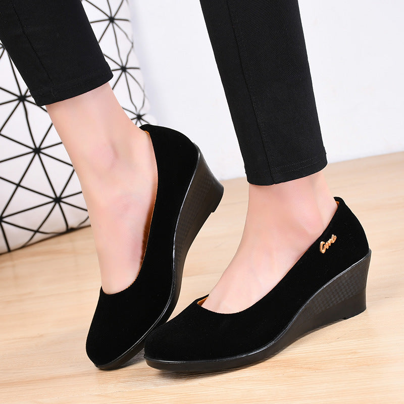 Black Polyurethane Shoes with Thick Soles and Wedge Heels, Women's Shoes